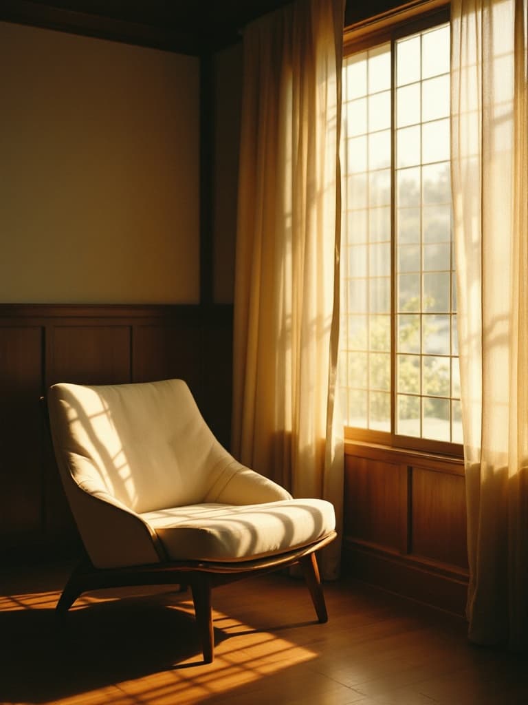 Poltrona de linho ao lado de um painel shoji, cortina na luz dourada