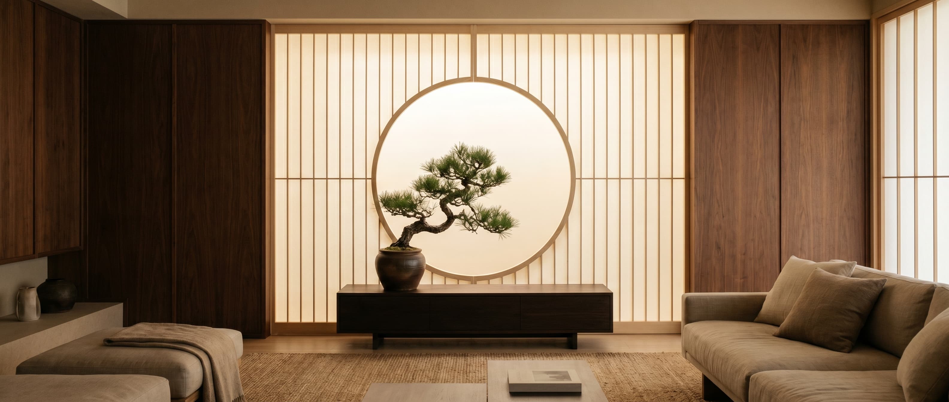 Bonsai emoldurado por um círculo em um painel shoji iluminado, entre paredes de madeira